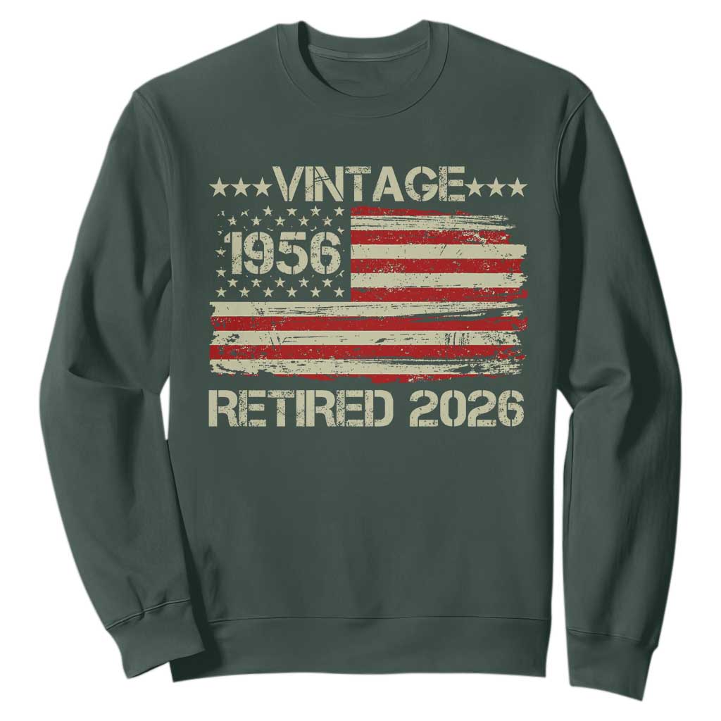 70th Birthday Retirement Sweatshirt Vintage 1956 Retired 2026 American Flag TS11 Dark Forest Green Print Your Wear