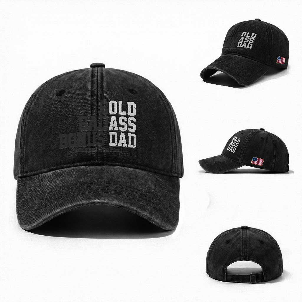 Bold Badass Bonus Dad Washed Cotton Baseball Cap Old Ass Dad Funny Father's Day Gift TS11 Washed Cap Universal Fit Black Print Your Wear