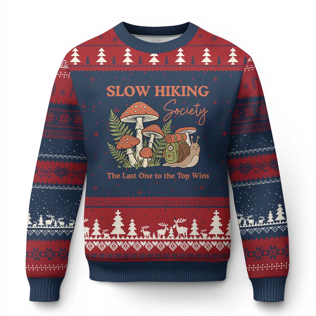 Slow Hiking Society The Last One to The Top Wins Ugly Christmas Sweater Funny Snail Mountaineering TS11 Navy Red Print Your Wear