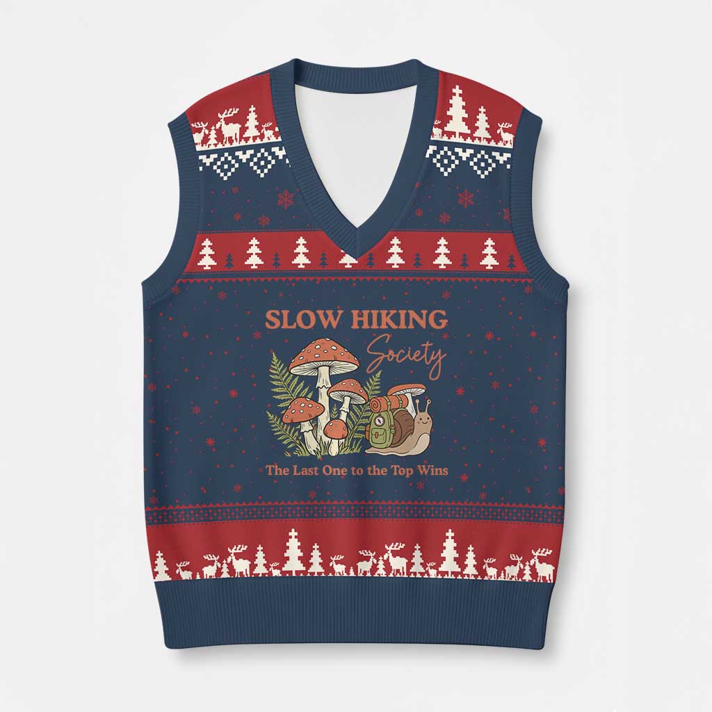 Slow Hiking Society The Last One to The Top Wins V-Neck Knit Sweater Vest Funny Snail Mountaineering TS11 Navy Red Print Your Wear