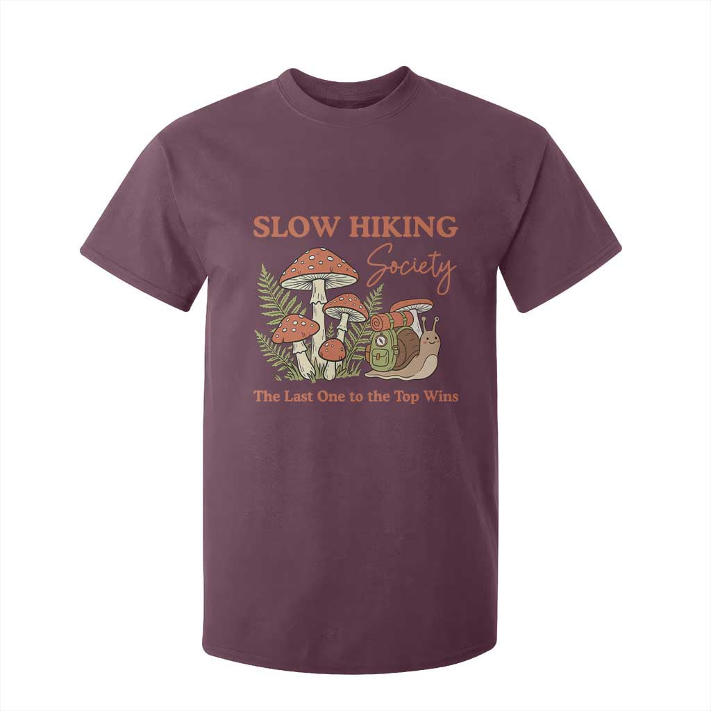 Slow Hiking Society The Last One to The Top Wins T Shirt For Kid Funny Snail Mountaineering TS11 Maroon Print Your Wear