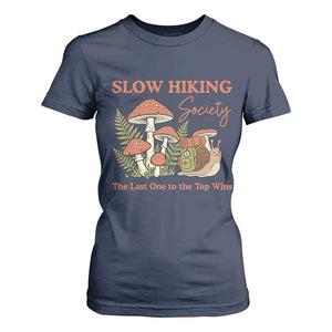 Slow Hiking Society The Last One to The Top Wins T Shirt For Women Funny Snail Mountaineering TS11 Navy Print Your Wear