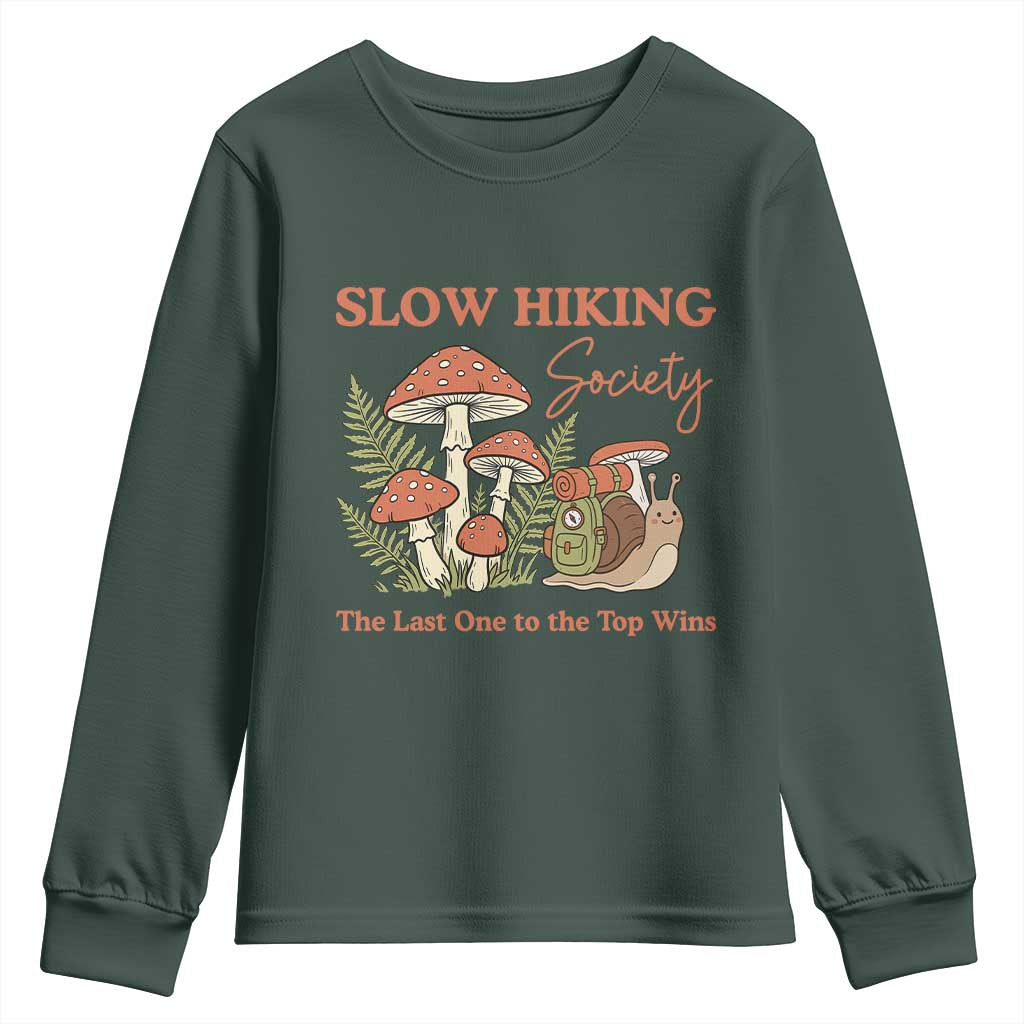 Slow Hiking Society The Last One to The Top Wins Youth Sweatshirt Funny Snail Mountaineering TS11 Dark Forest Green Print Your Wear