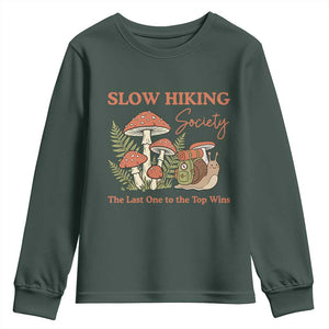 Slow Hiking Society The Last One to The Top Wins Youth Sweatshirt Funny Snail Mountaineering TS11 Dark Forest Green Print Your Wear