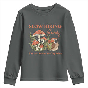 Slow Hiking Society The Last One to The Top Wins Youth Sweatshirt Funny Snail Mountaineering TS11 Dark Heather Print Your Wear