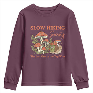 Slow Hiking Society The Last One to The Top Wins Youth Sweatshirt Funny Snail Mountaineering TS11 Maroon Print Your Wear