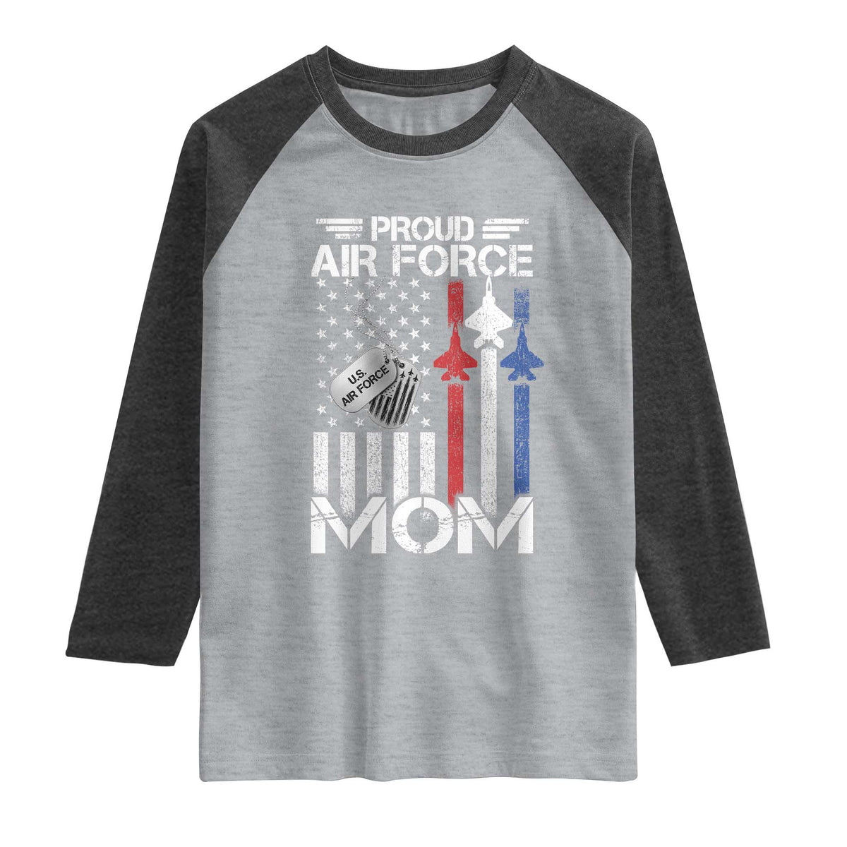 Proud Air Force Mom Raglan Shirt Military Army Mama Vintage American Flag TS11 Heather Gray Heather Charcoal Print Your Wear
