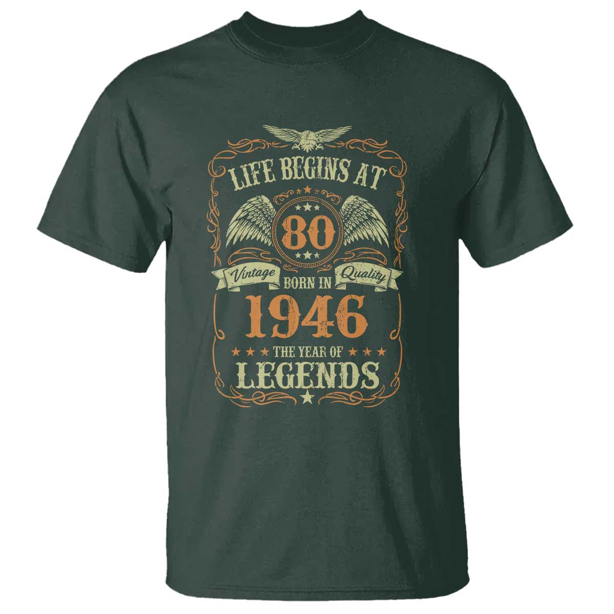 80th Birthday T Shirt Life Begins At 80 Born In 1946 The Year Of Legends TS11 Dark Forest Green Print Your Wear