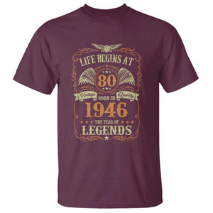 80th Birthday T Shirt Life Begins At 80 Born In 1946 The Year Of Legends TS11 Maroon Print Your Wear