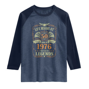 50th Birthday Raglan Shirt Life Begins At 50 Born In 1976 The Year Of Legends TS11 Heather Denim Navy Print Your Wear