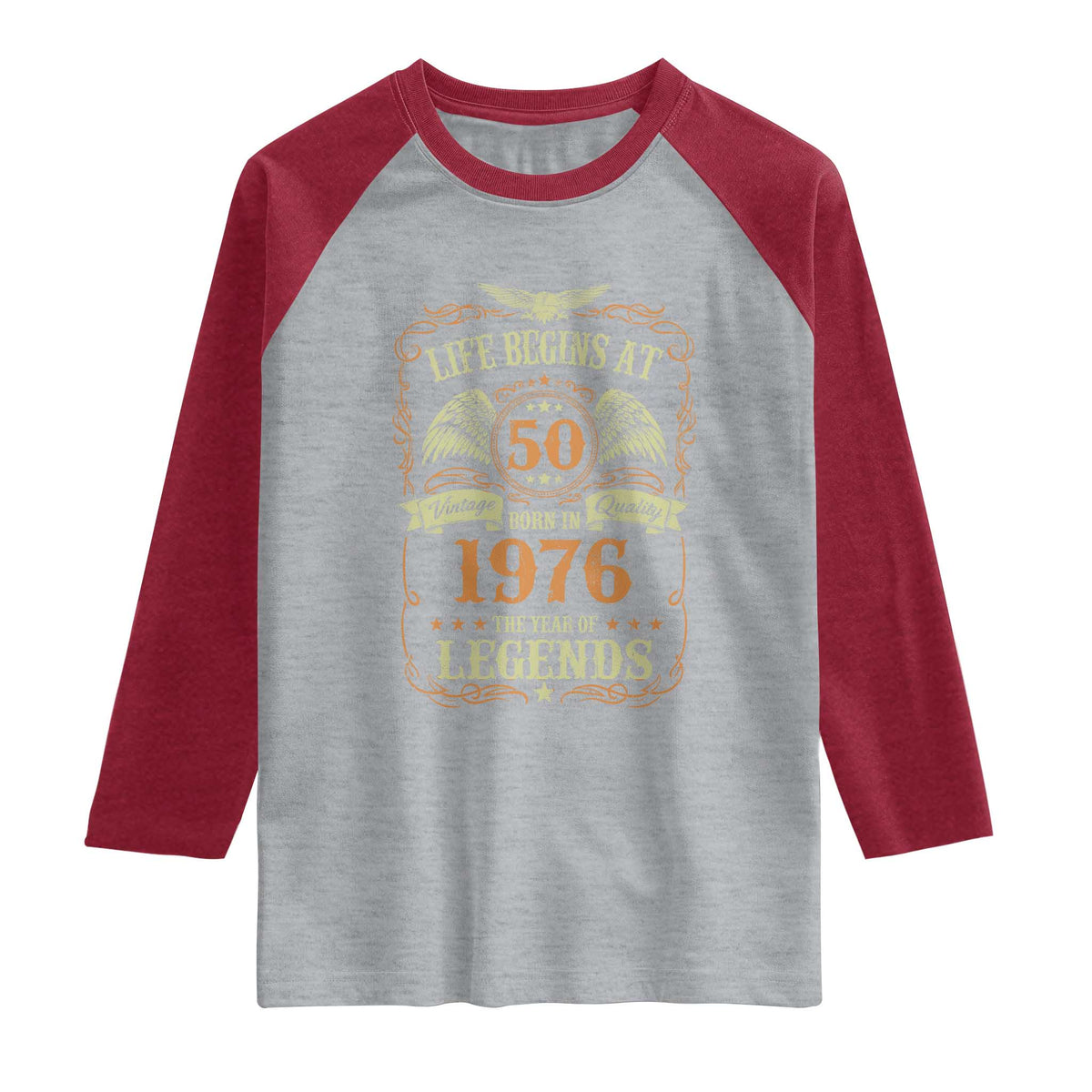 50th Birthday Raglan Shirt Life Begins At 50 Born In 1976 The Year Of Legends TS11 Heather Gray Heather Red Print Your Wear