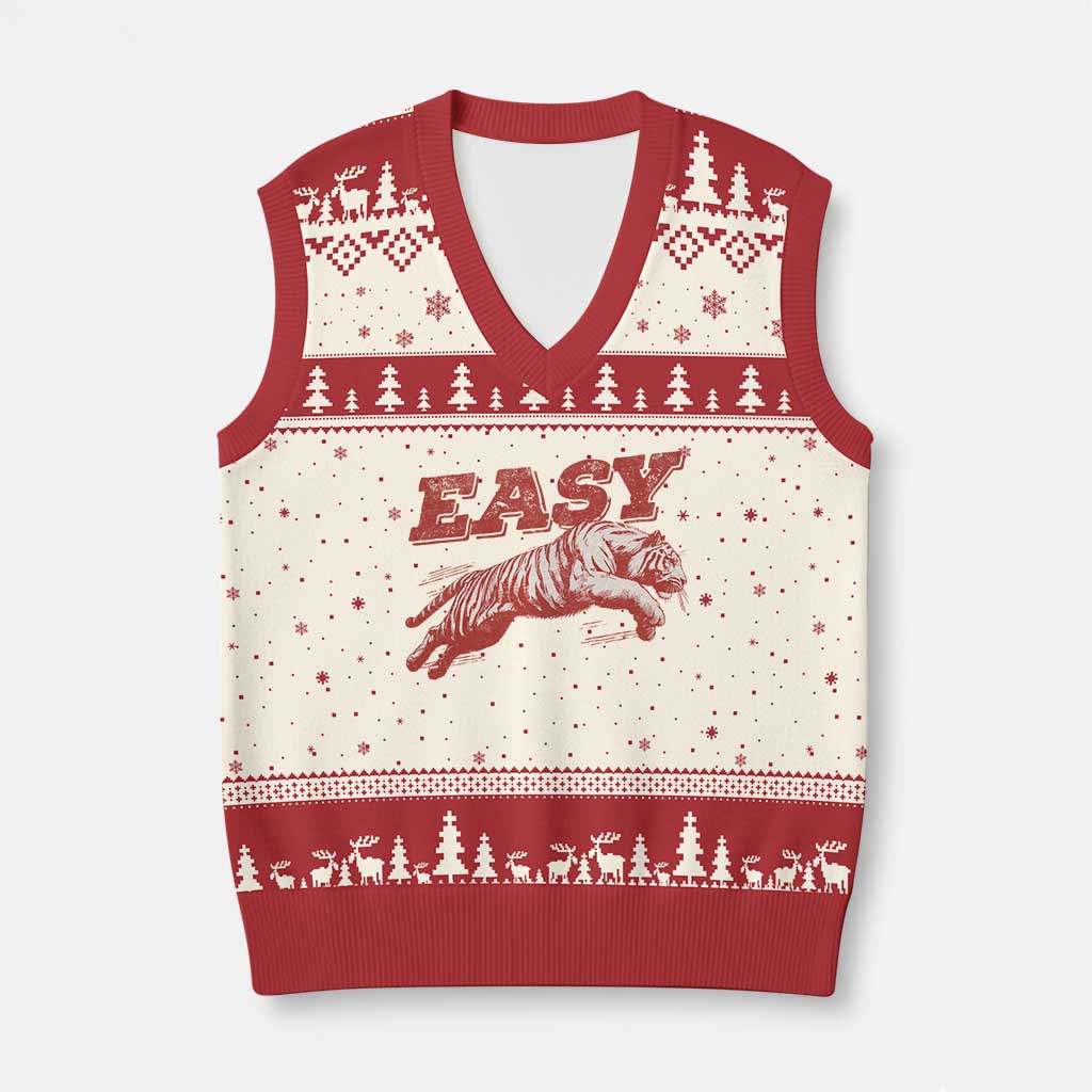 Easy Tiger V-Neck Knit Sweater Vest Vintage Distressed Tiger Trendy Grunge Indie Boho TS11 Beige Red Print Your Wear