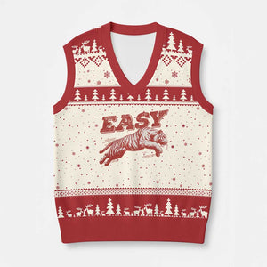 Easy Tiger V-Neck Knit Sweater Vest Vintage Distressed Tiger Trendy Grunge Indie Boho TS11 Beige Red Print Your Wear