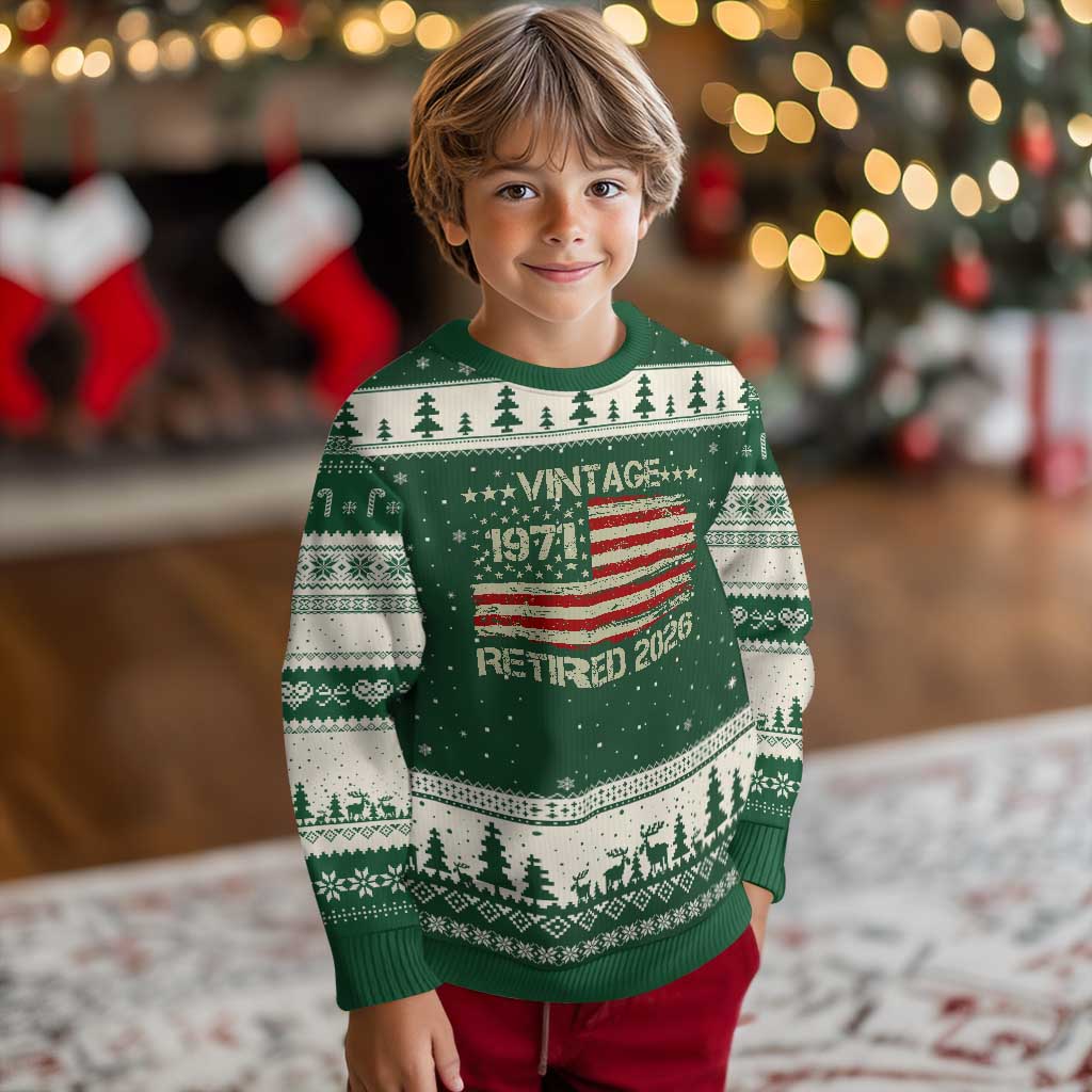 55th Birthday Retirement Ugly Christmas Sweater Vintage 1971 Retired 2026 American Flag TS11 Forest Green Beige Print Your Wear