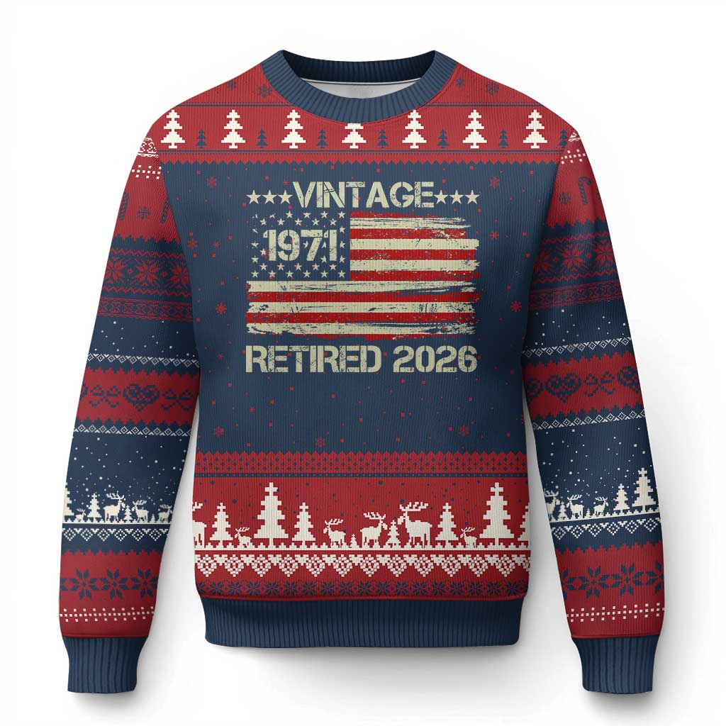 55th Birthday Retirement Ugly Christmas Sweater Vintage 1971 Retired 2026 American Flag TS11 Navy Red Print Your Wear