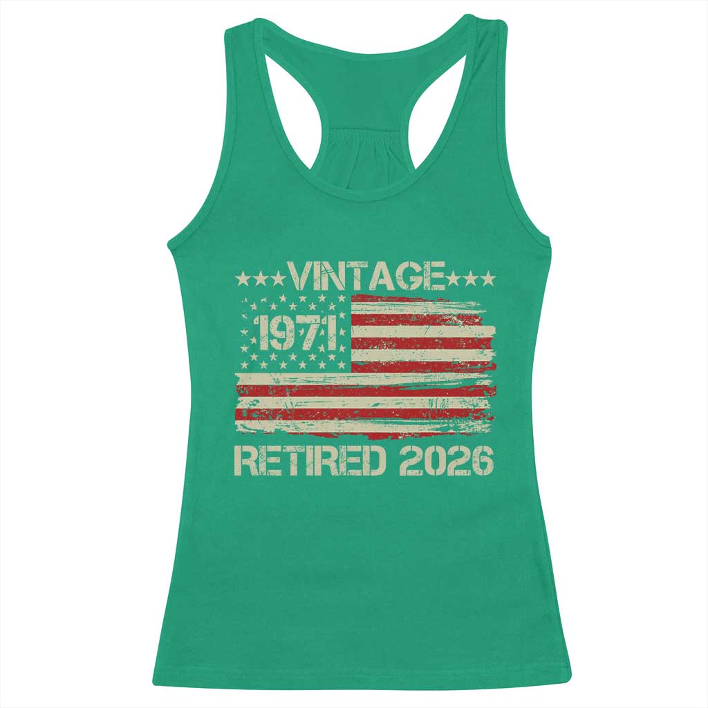 55th Birthday Retirement Racerback Tank Top Vintage 1971 Retired 2026 American Flag TS11 Irish Green Print Your Wear