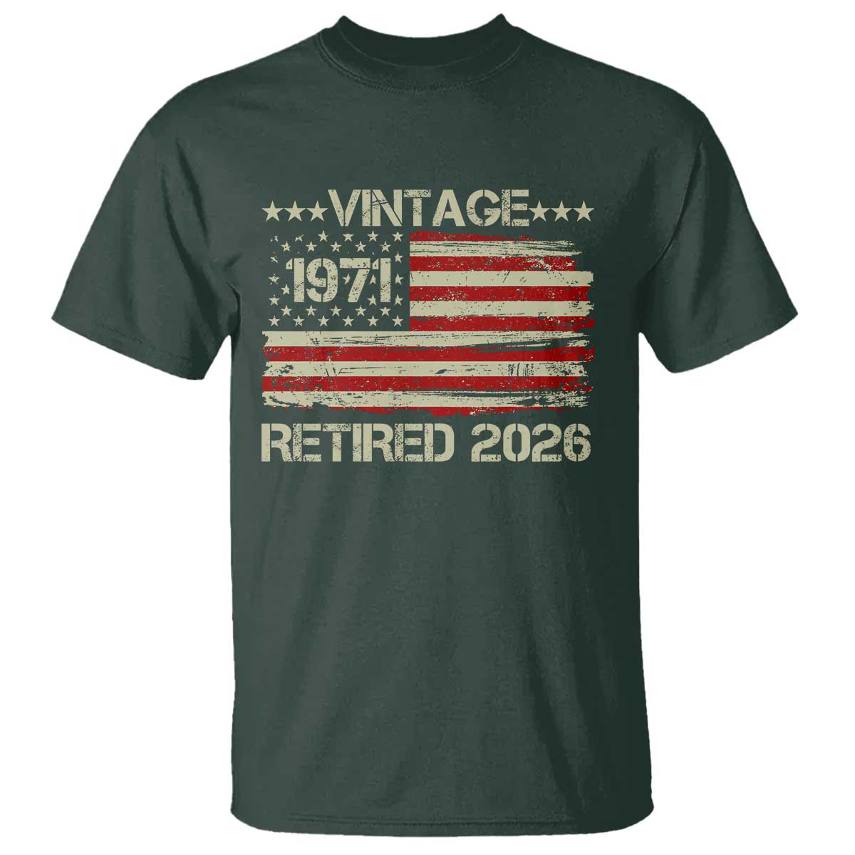 55th Birthday Retirement T Shirt Vintage 1971 Retired 2026 American Flag TS11 Dark Forest Green Print Your Wear