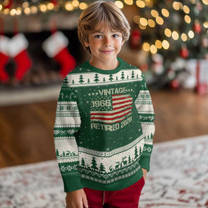 60th Birthday Retirement Ugly Christmas Sweater Vintage 1966 Retired 2026 American Flag TS11 Forest Green Beige Print Your Wear