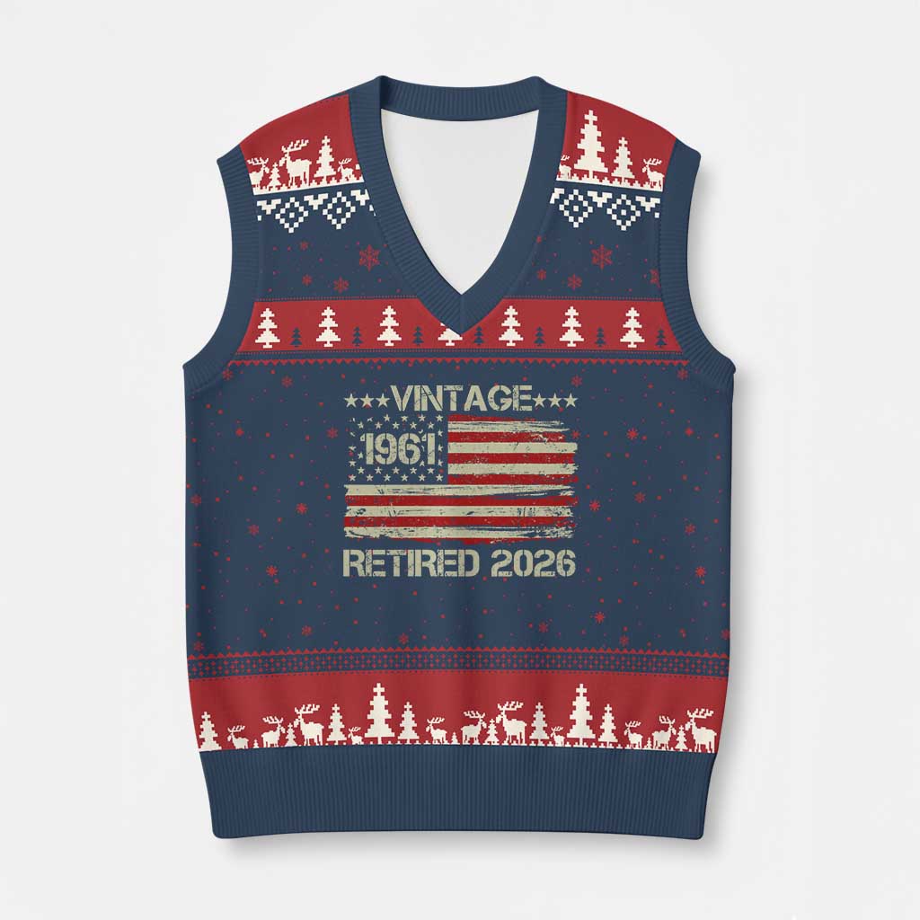 65th Birthday Retirement V-Neck Knit Sweater Vest Vintage 1961 Retired 2026 American Flag TS11 Navy Red Print Your Wear