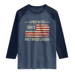 65th Birthday Retirement Raglan Shirt Vintage 1961 Retired 2026 American Flag TS11 Heather Denim Navy Print Your Wear