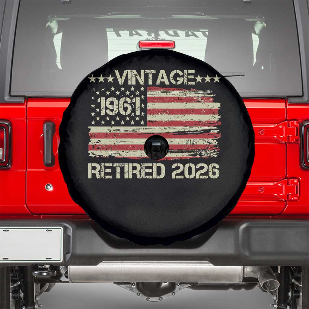 65th Birthday Retirement Spare Tire Cover Vintage 1961 Retired 2026 American Flag TS11 Black Print Your Wear