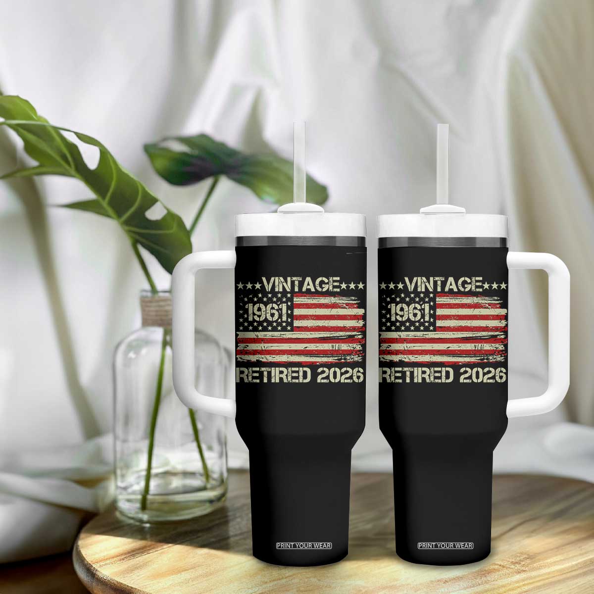 65th Birthday Retirement Tumbler With Handle Vintage 1961 Retired 2026 American Flag TS11 Print Your Wear