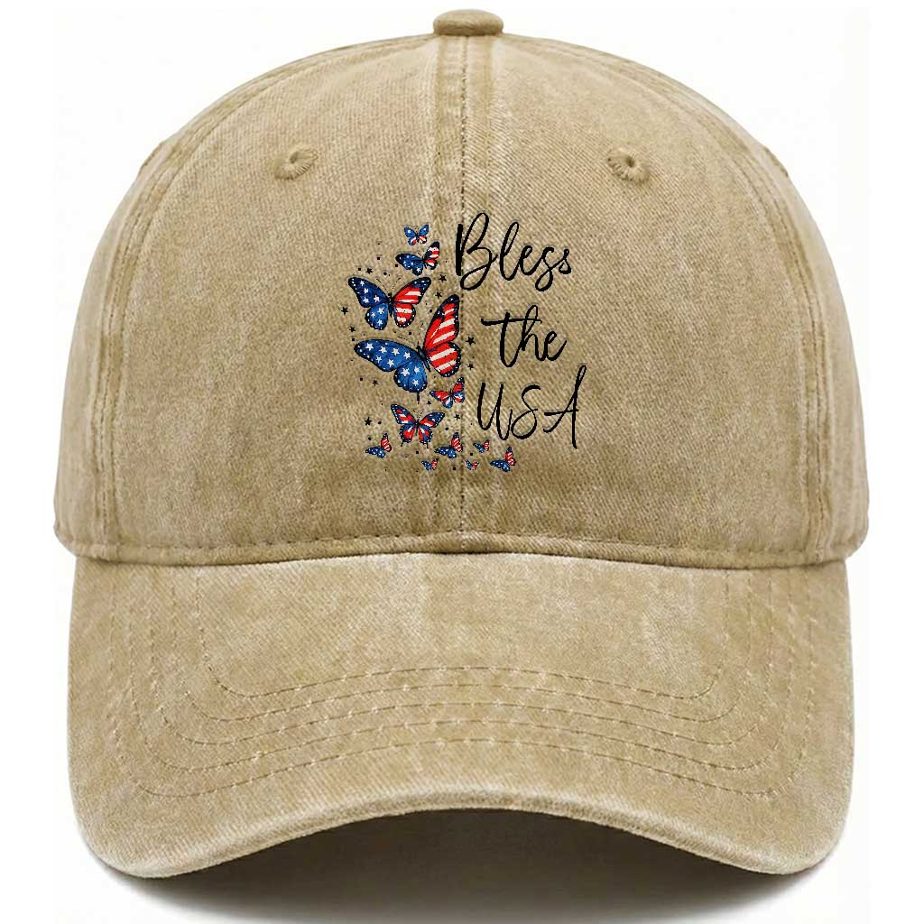 Bless The USA 4th of July Washed Cotton Baseball Cap Patriotic American Flag Butterfly Independence Day TS11 Washed Cap Universal Fit Khaki Print Your Wear