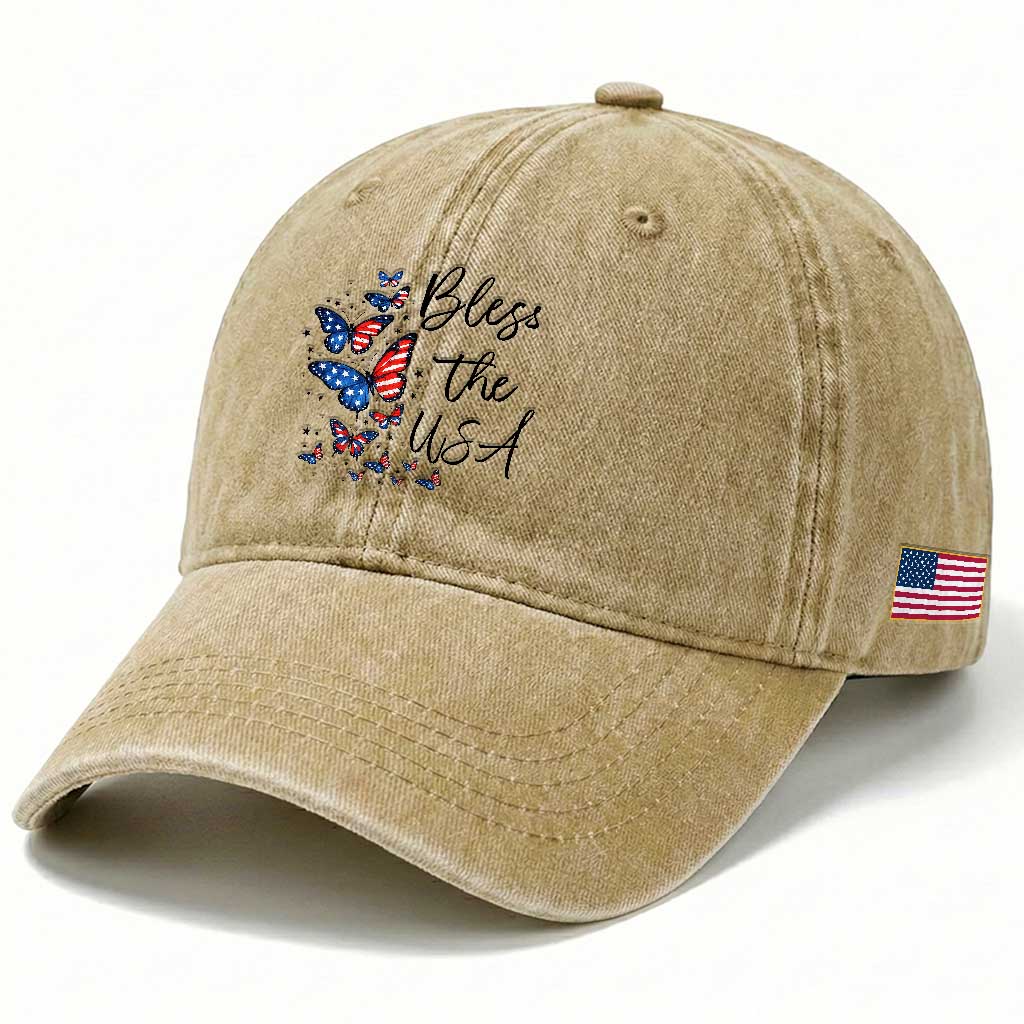 Bless The USA 4th of July Washed Cotton Baseball Cap Patriotic American Flag Butterfly Independence Day TS11 Print Your Wear