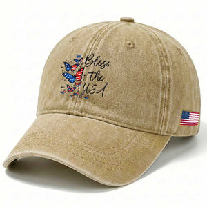 Bless The USA 4th of July Washed Cotton Baseball Cap Patriotic American Flag Butterfly Independence Day TS11 Print Your Wear