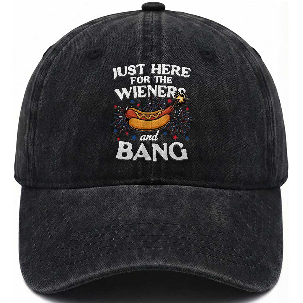 Funny Just Here For The Wieners And Bang Washed Cotton Baseball Cap 4th Of July Hot Dog Lover Fireworks TS11 Washed Cap Universal Fit Black Print Your Wear