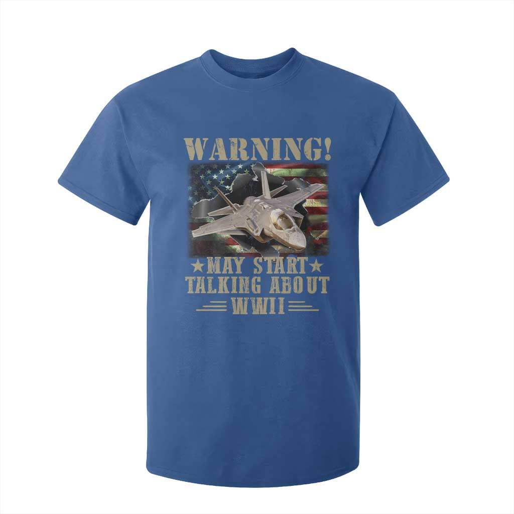 Warning May Start Talking About WWII T Shirt For Kid American Flag Fighter Jet TS11 Royal Blue Print Your Wear