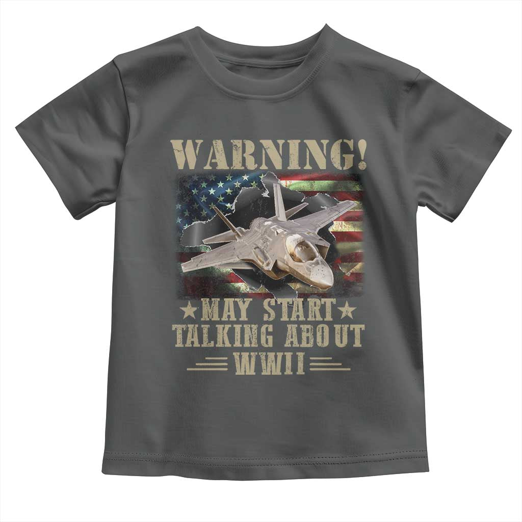 Warning May Start Talking About WWII Toddler T Shirt American Flag Fighter Jet TS11 Dark Heather Print Your Wear