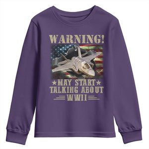Warning May Start Talking About WWII Youth Sweatshirt American Flag Fighter Jet TS11 Purple Print Your Wear