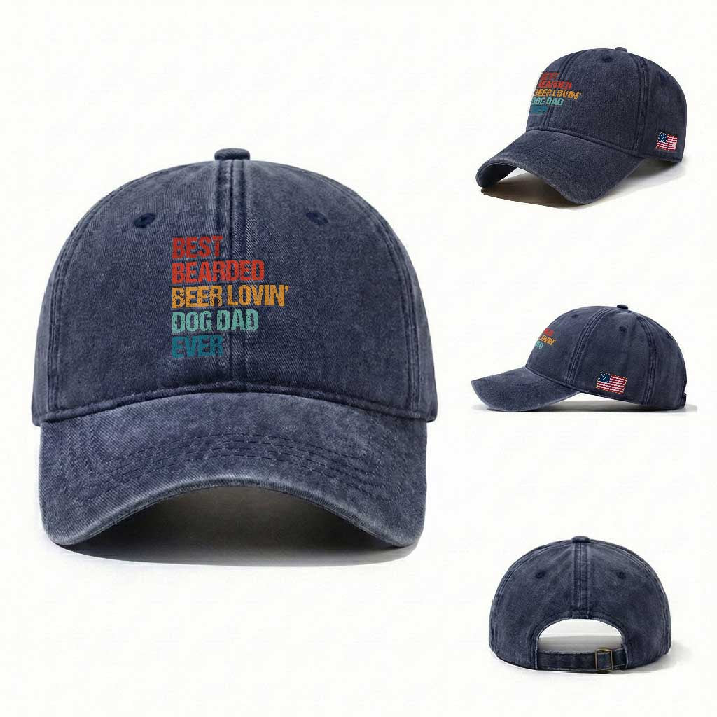 Best Bearded Beer Loving Dog Dad Ever Washed Cotton Baseball Cap Pet Lover Father's Day TS11 Washed Cap Universal Fit Navy Print Your Wear