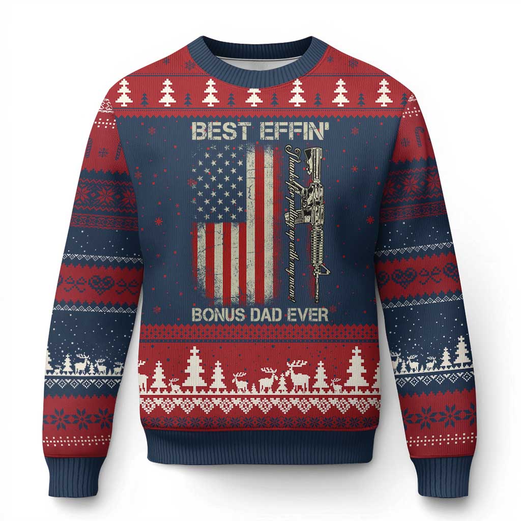 Best Effin Bonus Dad Ever Ugly Christmas Sweater Step Dad Fathers Day Vintage American Flag TS11 Navy Red Print Your Wear