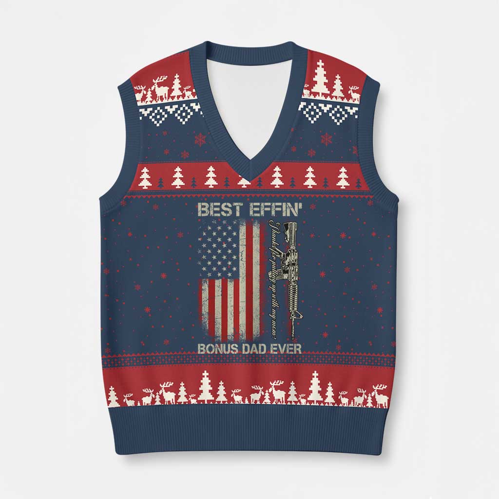 Best Effin Bonus Dad Ever V-Neck Knit Sweater Vest Step Dad Fathers Day Vintage American Flag TS11 Navy Red Print Your Wear