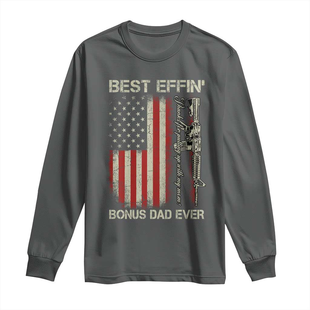 Best Effin Bonus Dad Ever Long Sleeve Shirt Step Dad Fathers Day Vintage American Flag TS11 Dark Heather Print Your Wear