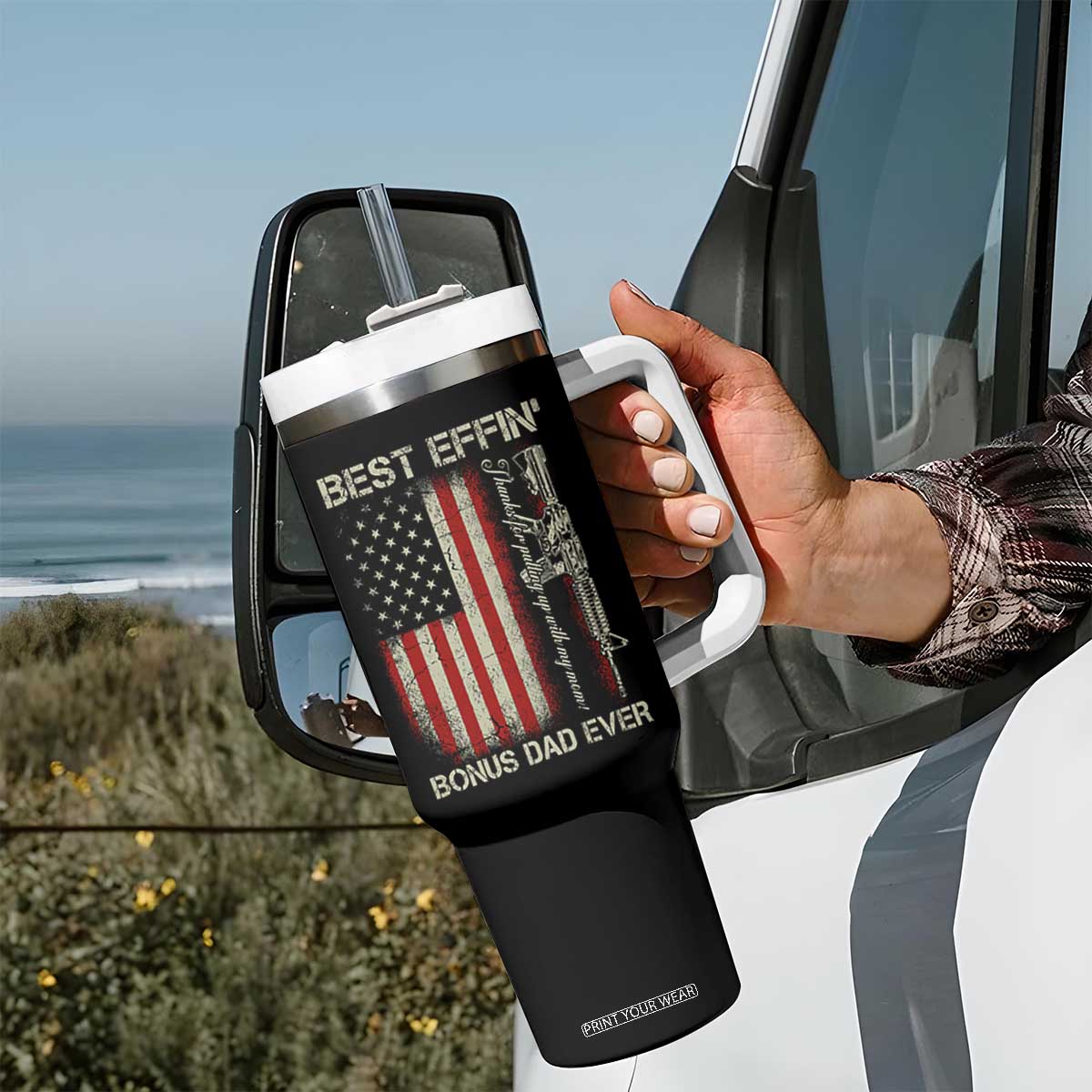 Best Effin Bonus Dad Ever Tumbler With Handle Step Dad Fathers Day Vintage American Flag TS11 Print Your Wear