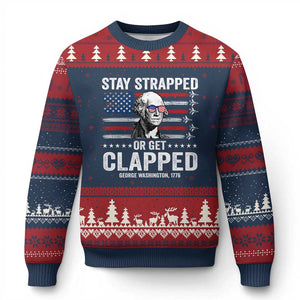 Stay Strapped Or Get Clapped George Washington Ugly Christmas Sweater Funny 4th of July Jet American Flag