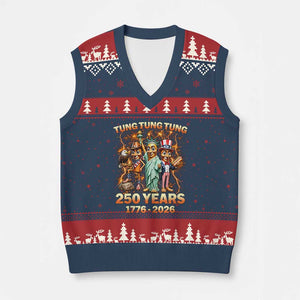 Tung Tung Tung Sahur 250 Years American V-Neck Knit Sweater Vest Funny Brainrot Meme 4th of July