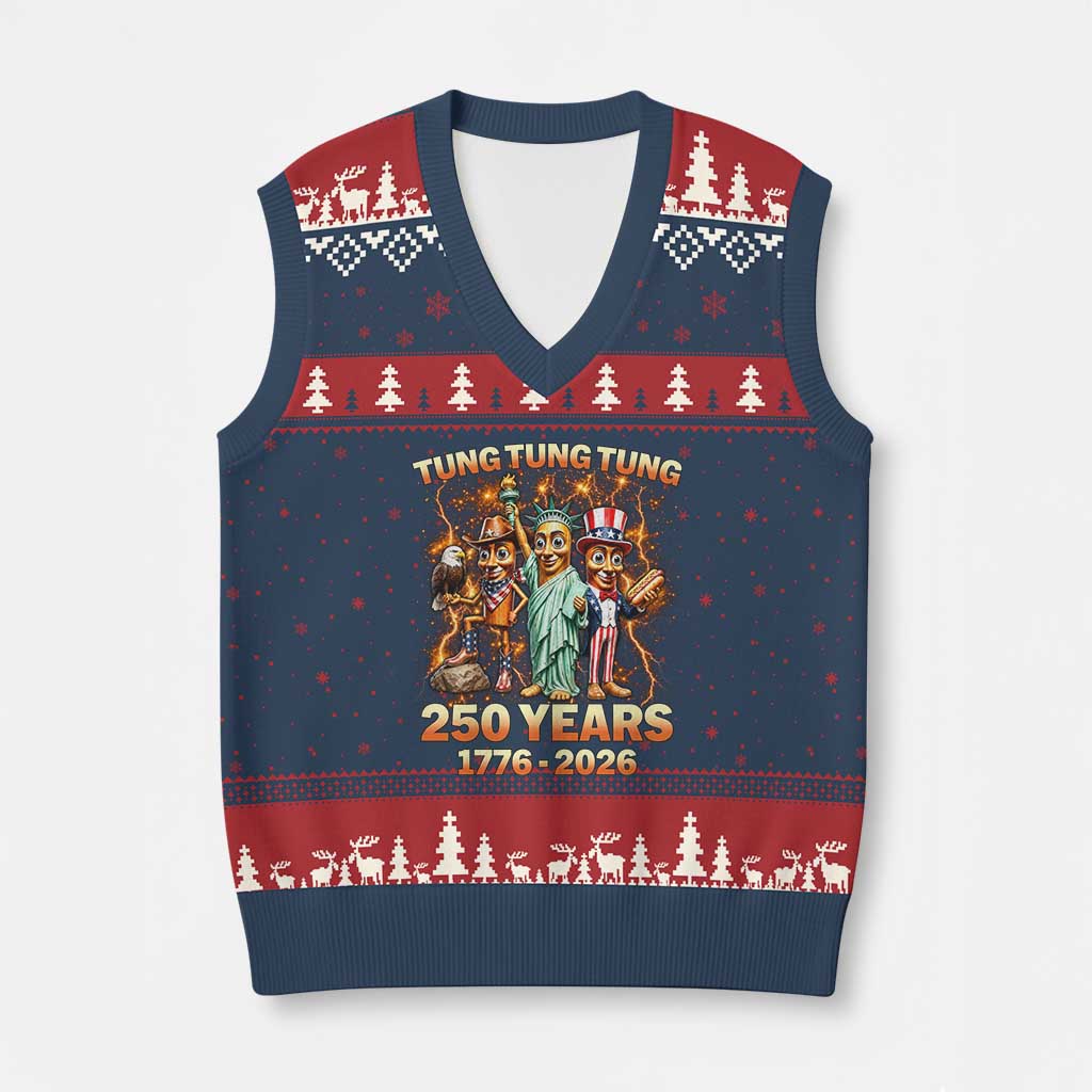 Tung Tung Tung Sahur 250 Years American V-Neck Knit Sweater Vest Funny Brainrot Meme 4th of July TS11 Navy Red Print Your Wear