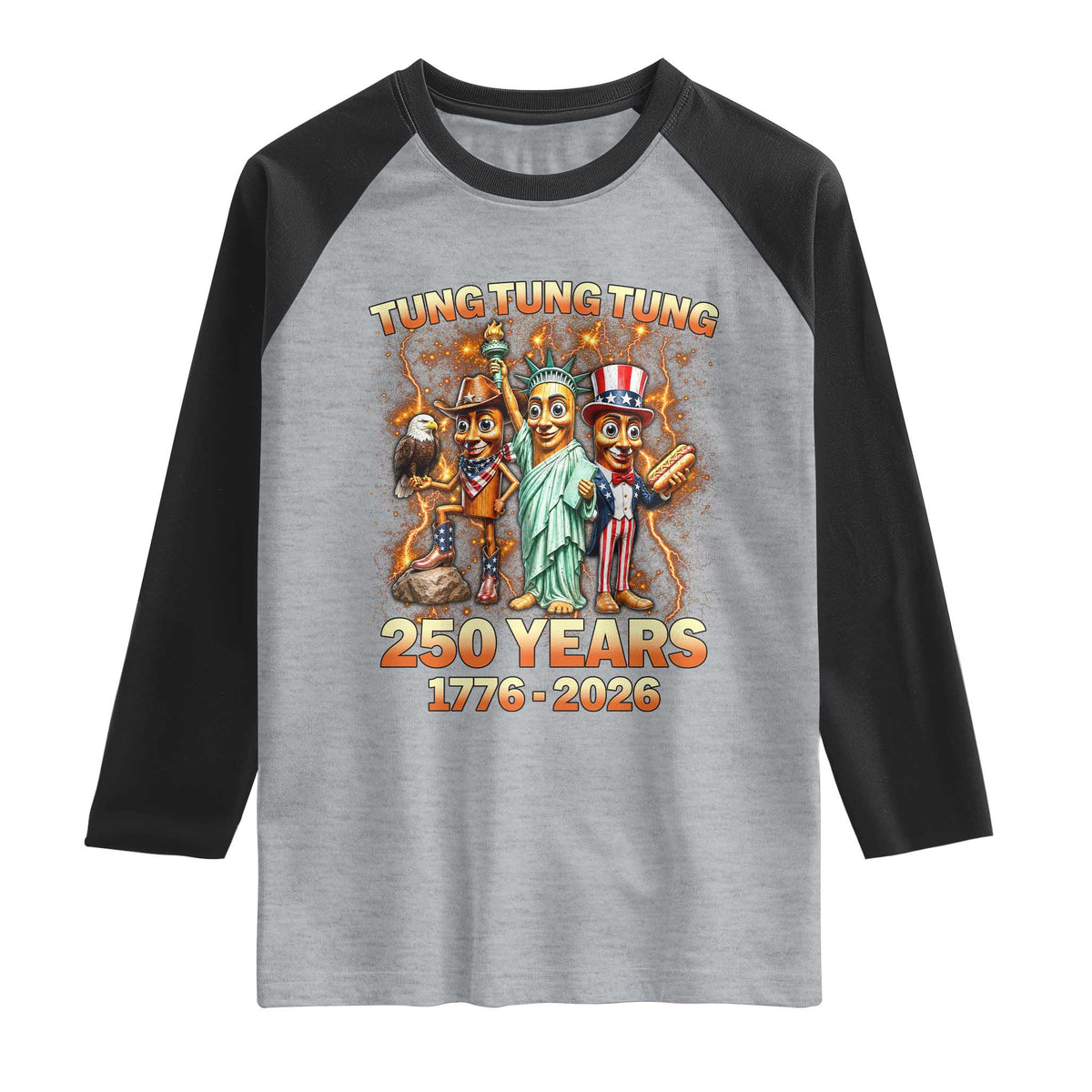 Tung Tung Tung Sahur 250 Years American Raglan Shirt Funny Brainrot Meme 4th of July