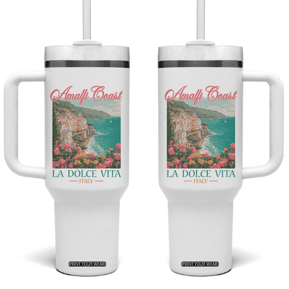 Amalfi Coast Italy Travel Trip Tumbler With Handle La Dolce Vita Mediterranean Sea TS11 One Size: 40 oz White Print Your Wear