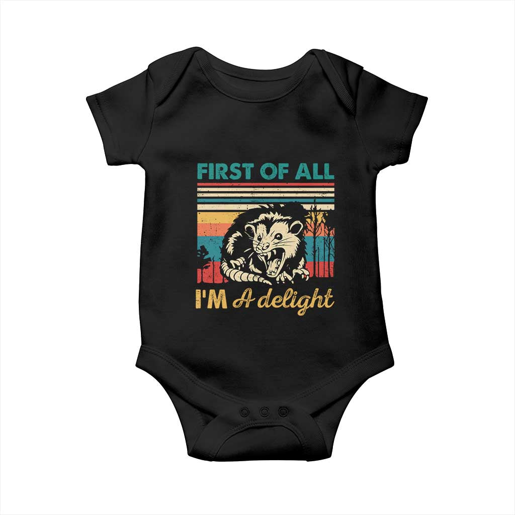 Funny First Of All I Am A Delight Baby Onesie Retro Angry Opossum TS11 Black Print Your Wear