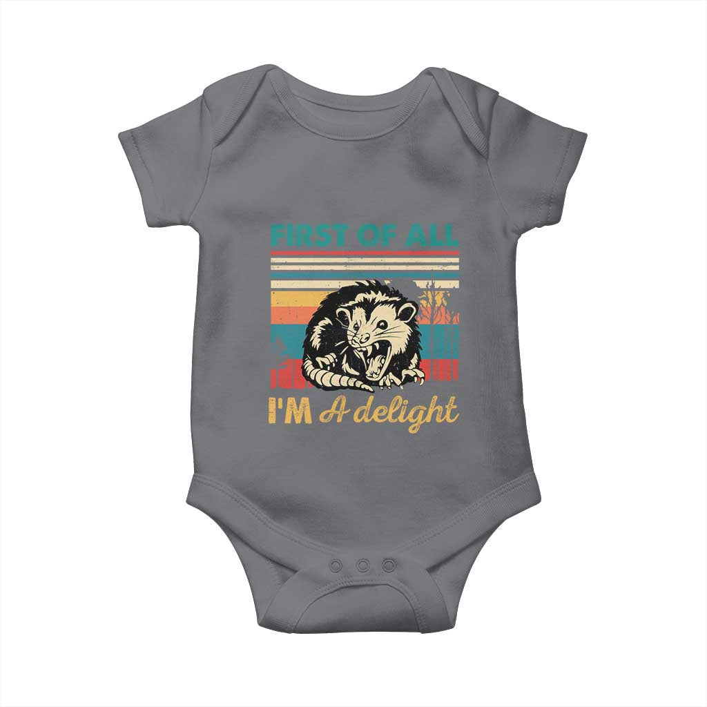 Funny First Of All I Am A Delight Baby Onesie Retro Angry Opossum TS11 Charcoal Print Your Wear