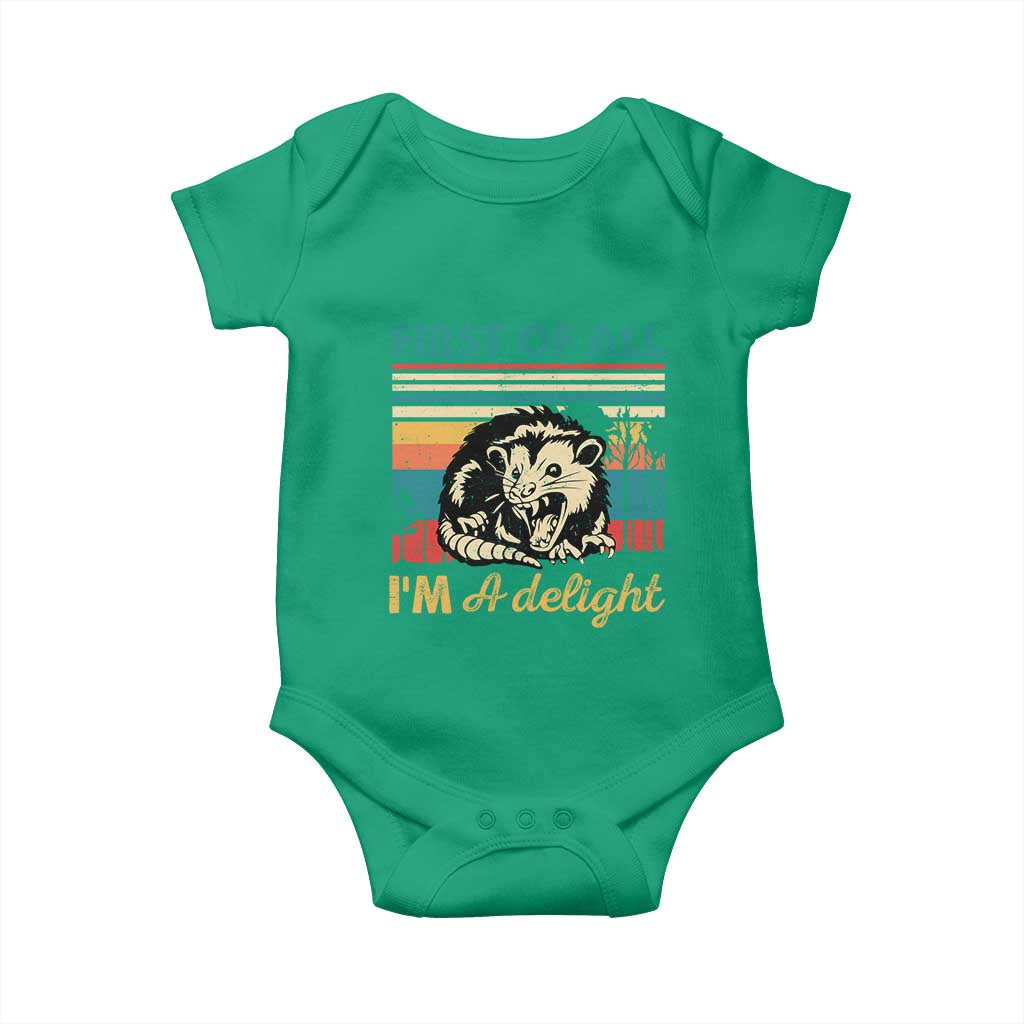 Funny First Of All I Am A Delight Baby Onesie Retro Angry Opossum TS11 Irish Green Print Your Wear