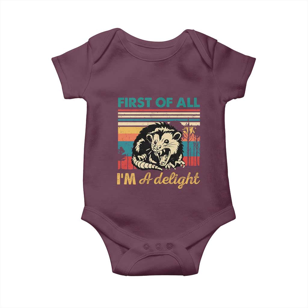 Funny First Of All I Am A Delight Baby Onesie Retro Angry Opossum TS11 Maroon Print Your Wear