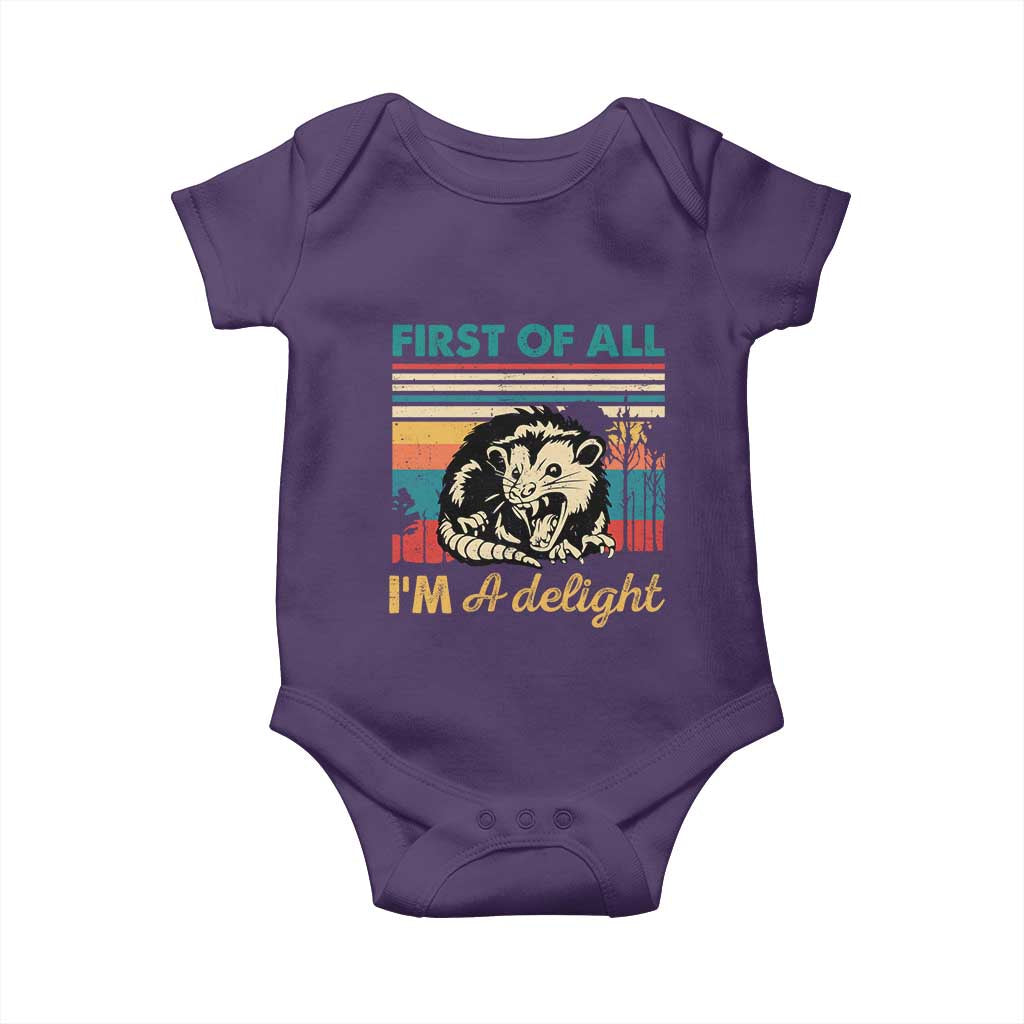 Funny First Of All I Am A Delight Baby Onesie Retro Angry Opossum TS11 Purple Print Your Wear