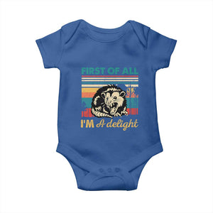 Funny First Of All I Am A Delight Baby Onesie Retro Angry Opossum TS11 Royal Blue Print Your Wear