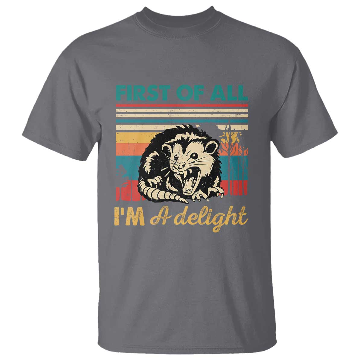 Funny First Of All I Am A Delight T Shirt Retro Angry Opossum TS11 Charcoal Print Your Wear
